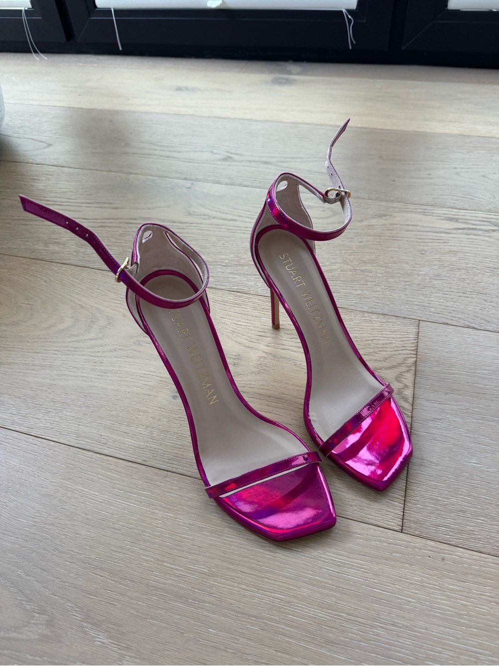 Stuart Weitzman Metallic Fuchsia Ankle-Strap Heels